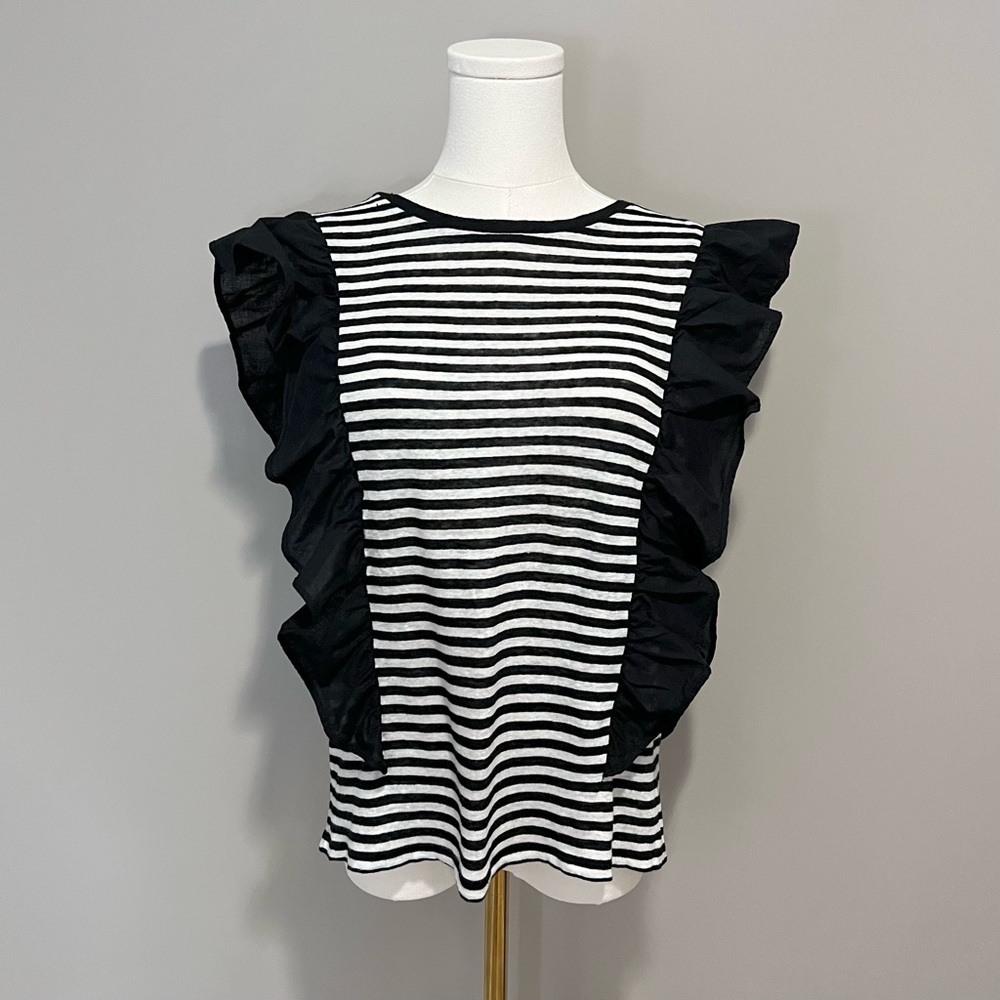 Chelsea28 Striped Ruffle Detail Linen Top Size M